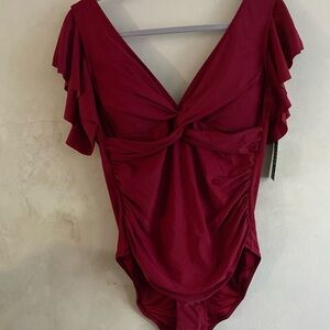 Red One-Piece Swimsuit with Flutter Sleeves and V-Neck